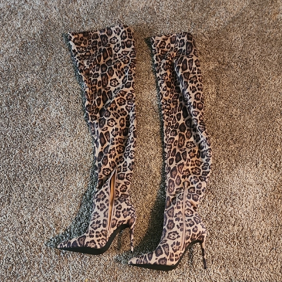 Shoes - Leopard Print Over-the-Knee Stiletto Boots - Women